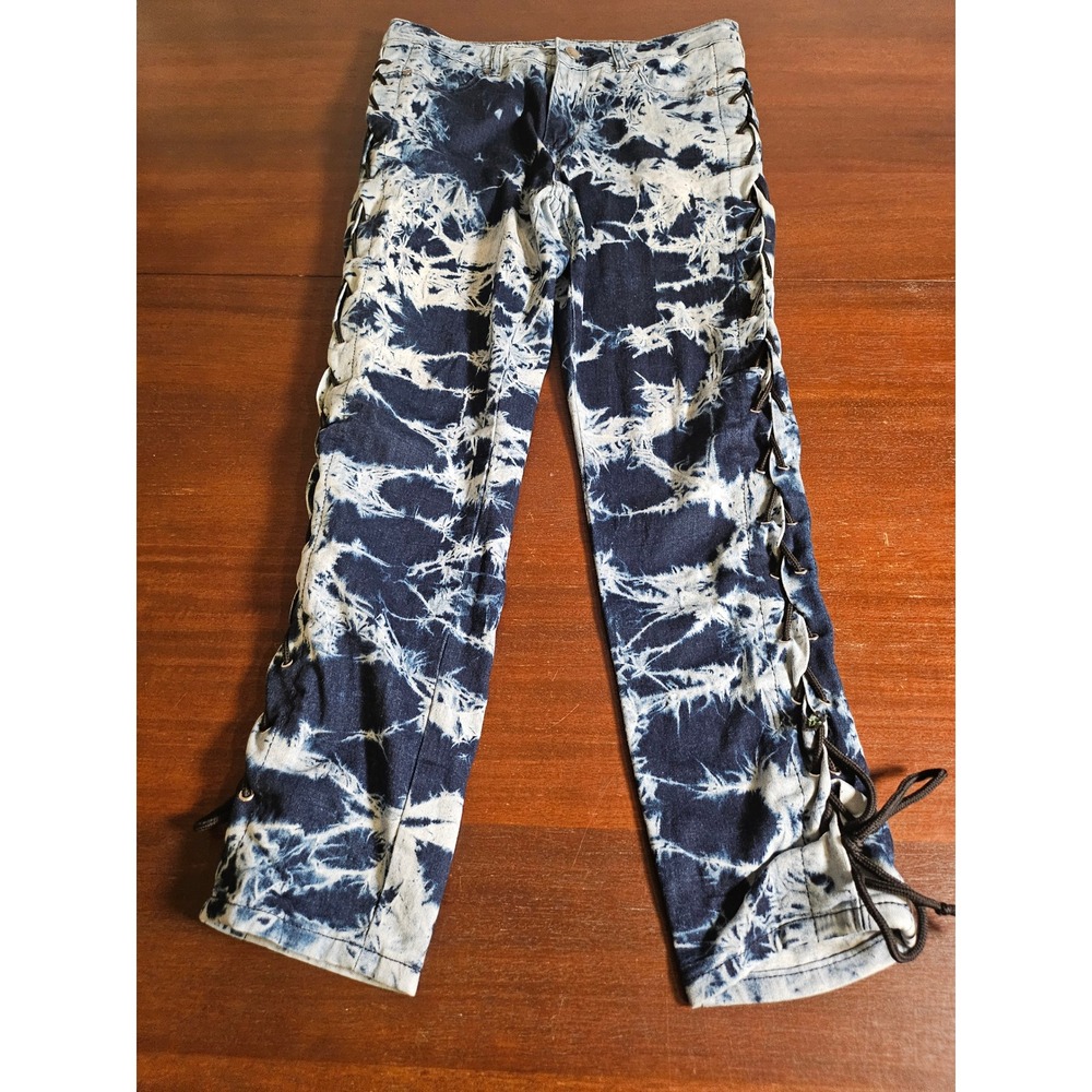 Between Us Acid Wash Jeans Womens Size 9 Blue Lace Up Side Tie Dye Denim Pants